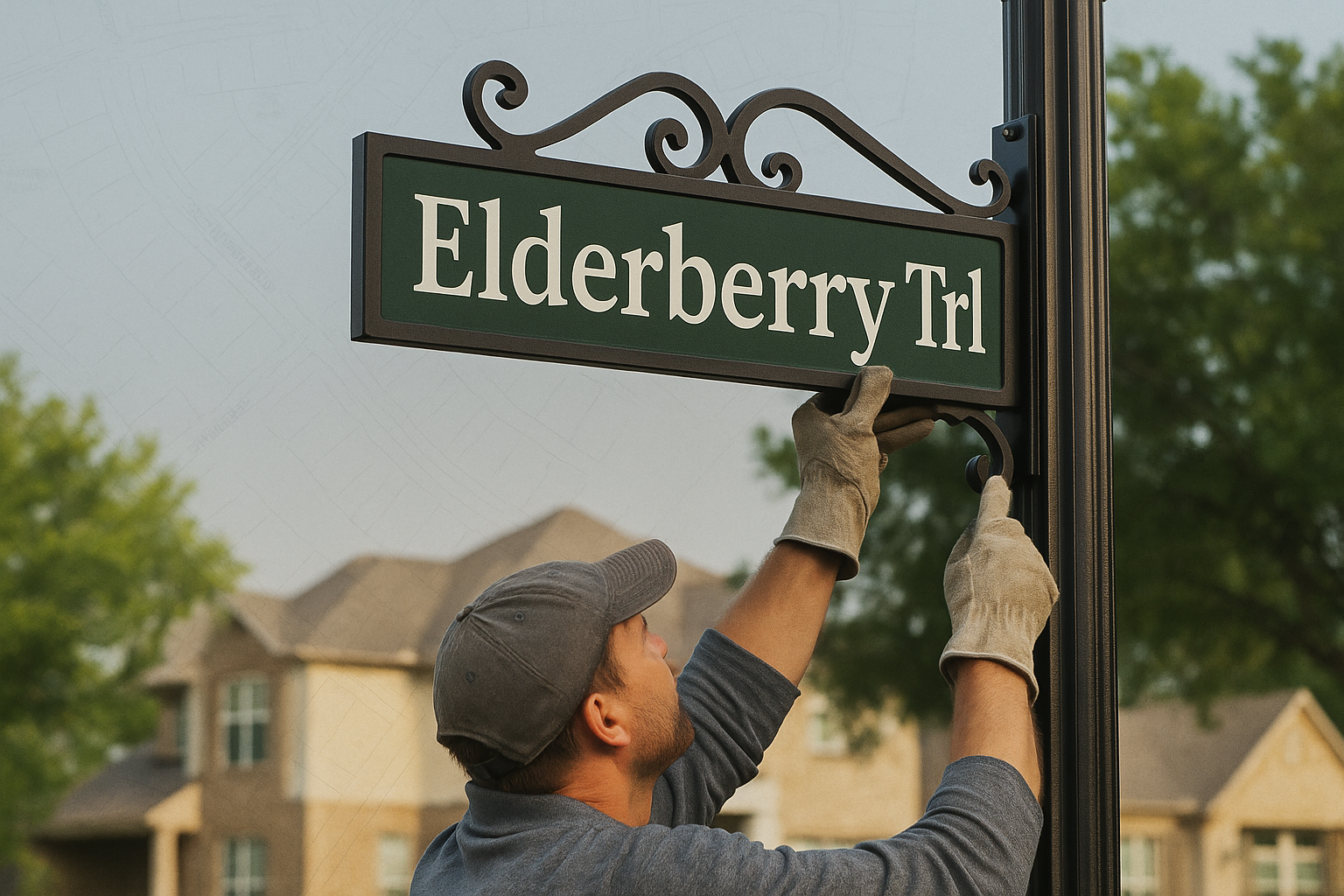 professional installation of new signage on a decorative pole in a north texas neighborhood.