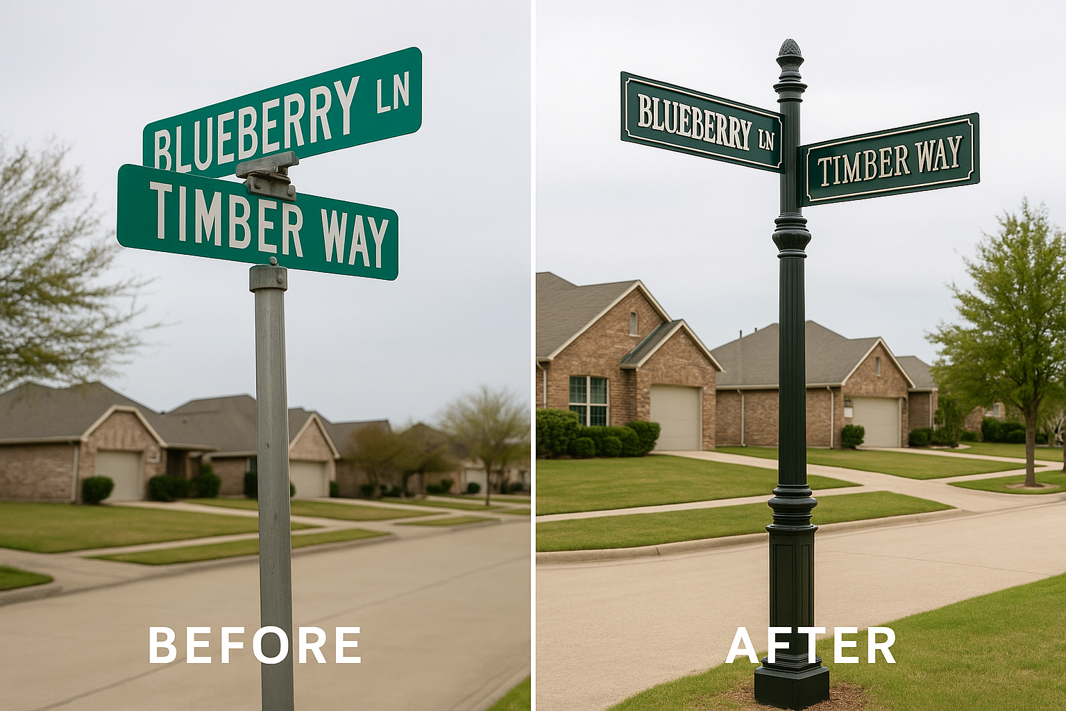 Upgrading learning and faded signage with nicer pole and street signs.